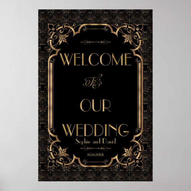 Glam Great Gatsby Gold Black Wedding Willkommensze Poster (Vorne)