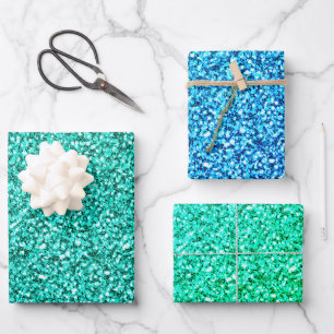 Glam Green Aquamarin Blue Glitzer Sparkle Geschenkpapier Set