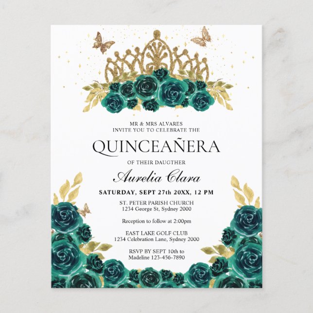 Glam Green Floral Gold Tiara Quinceanera (Vorderseite)