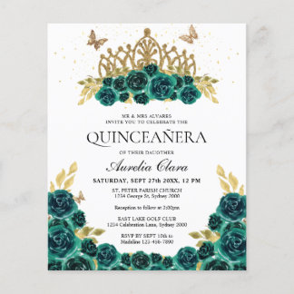 Glam Green Floral Gold Tiara Quinceanera