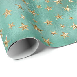 Glam Green Gold Glitzer Stars Geschenkpapier