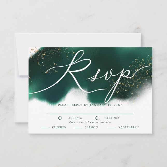 Glam Green Gold Wedding RSVP mit Wahlmöglichkeit Karte (Vorderseite)