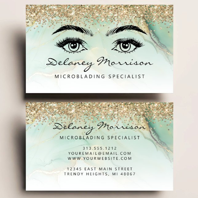 Glam Green Marble Gold Glitter Eyes Microblading Visitenkarte (Von Creator hochgeladen)