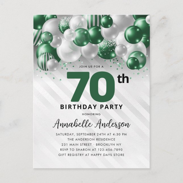 Glam Green Silver Balloon Glitzer 70. Geburtstag Postkarte (Vorderseite)