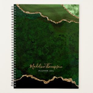 Glam Green Velvet Agate Geode Gold Script Planer