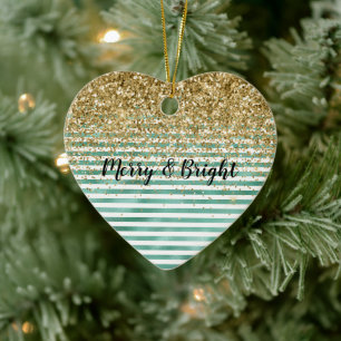 Glam Green White Stripes Gold Glitzer Keramik Ornament