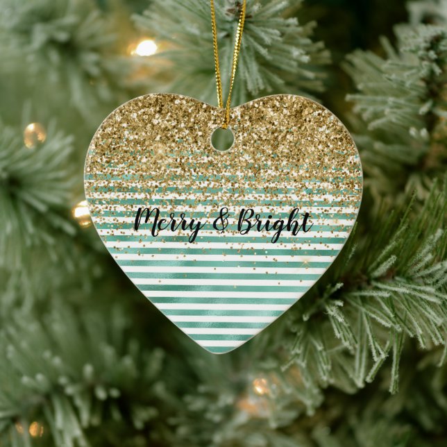 Glam Green White Stripes Gold Glitzer Keramik Ornament (Baum)