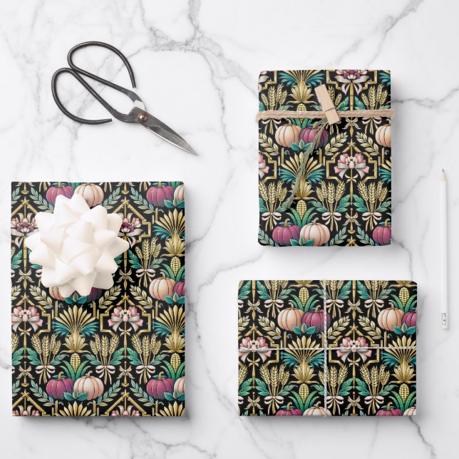 Glam Grüner Herbsternte Art Deco Geschenkpapier Set (Vorderseite)