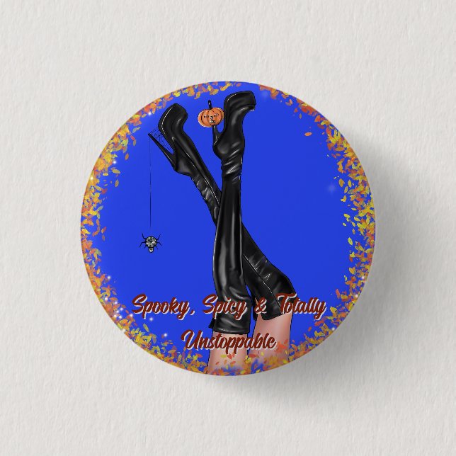 Glam Halloween-Hexenstiefel mit individuellem Text Button (Vorderseite)