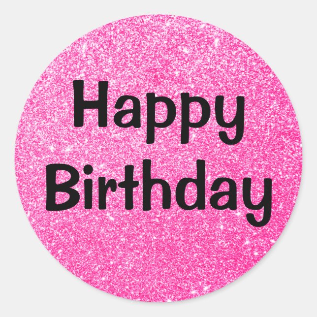 Glam Happy Birthday Black Hot Pink Glitzer Sparkle Runder Aufkleber (Vorderseite)