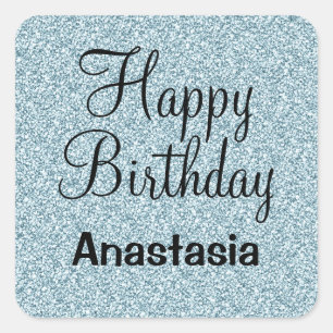 Glam Happy Birthday Blue Silver Glitzer Glitzern Quadratischer Aufkleber