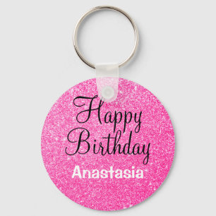 Glam Happy Birthday Hot Pink Glitzer Funkeln Name Schlüsselanhänger