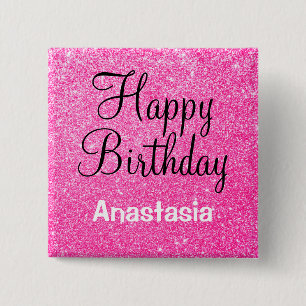 Glam Happy Birthday Hot Pink Glitzer Sparkname Button