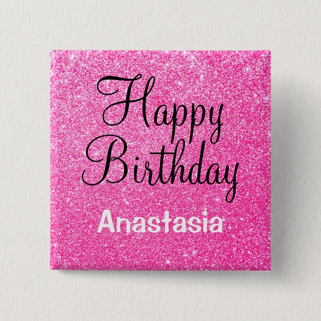 Glam Happy Birthday Hot Pink Glitzer Sparkname Button (Vorderseite)