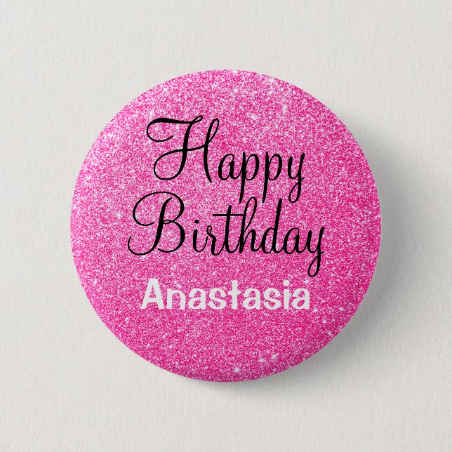 Glam Happy Birthday Hot Pink Glitzer Sparkname Button (Vorderseite)