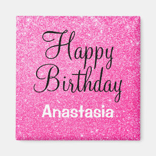 Glam Happy Birthday Hot Pink Glitzer Sparkname Magnet