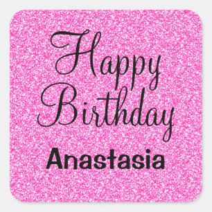 Glam Happy Birthday Hot Pink Glitzer Sparkname Quadratischer Aufkleber