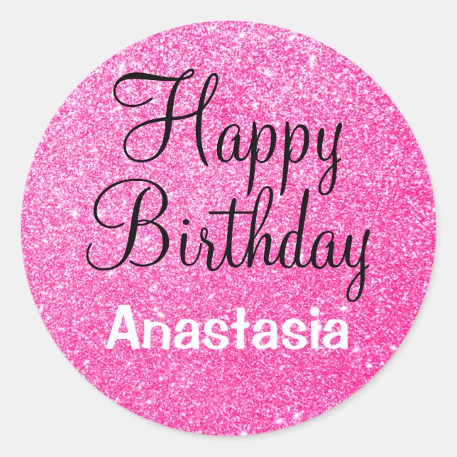 Glam Happy Birthday Hot Pink Glitzer Sparkname Runder Aufkleber (Vorderseite)