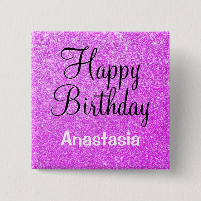 Glam Happy Birthday Lila Glitzer Sparkle Name Button (Vorderseite)