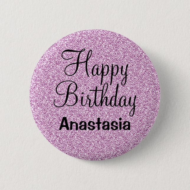 Glam Happy Birthday Lila Glitzer Sparkle Name Button (Vorderseite)