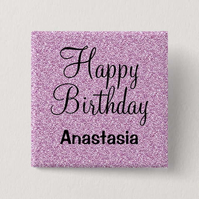Glam Happy Birthday Lila Glitzer Sparkle Name Button (Vorderseite)