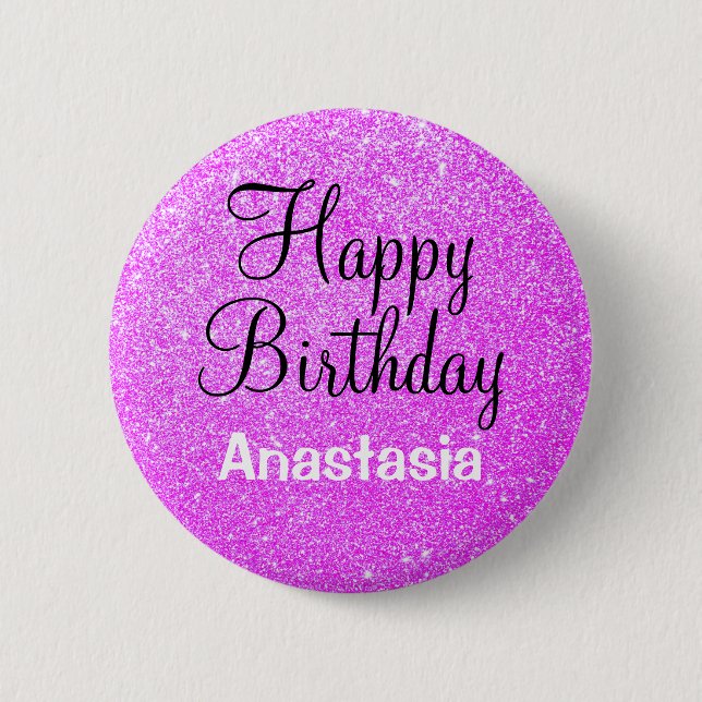 Glam Happy Birthday Lila Glitzer Sparkle Name Button (Vorderseite)