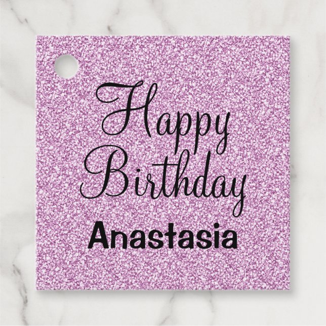 Glam Happy Birthday Lila Glitzer Sparkle Name Geschenkanhänger (Vorderseite)