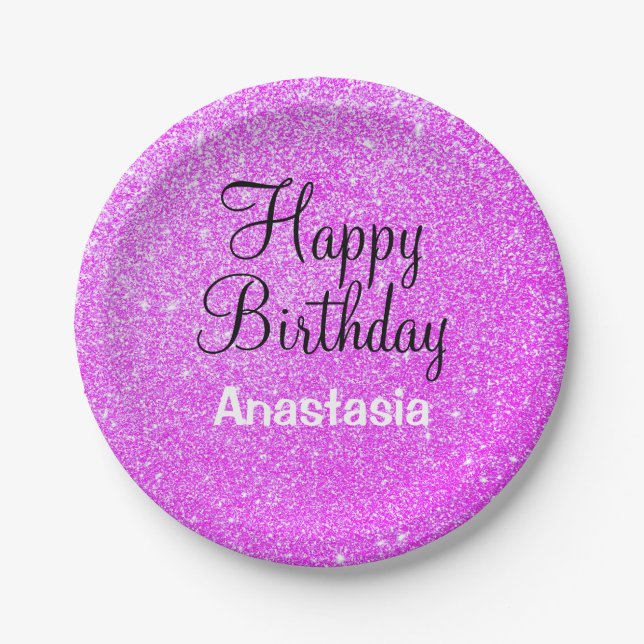 Glam Happy Birthday Lila Glitzer Sparkle Name Pappteller (Vorderseite)