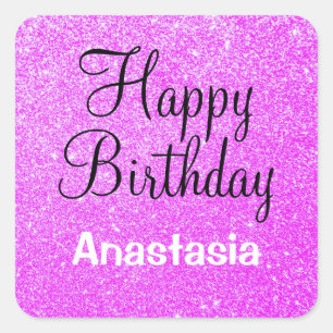 Glam Happy Birthday Lila Glitzer Sparkle Name Quadratischer Aufkleber