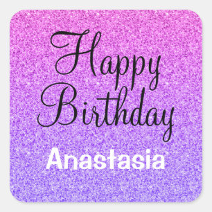 Glam Happy Birthday Ombre Lila Glitzer Glitzern Quadratischer Aufkleber