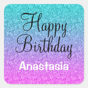 Glam Happy Birthday Ombre Pink Lila Glitzer Quadratischer Aufkleber