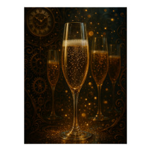 Glam Happy New Year Steampunk Champagner  Poster