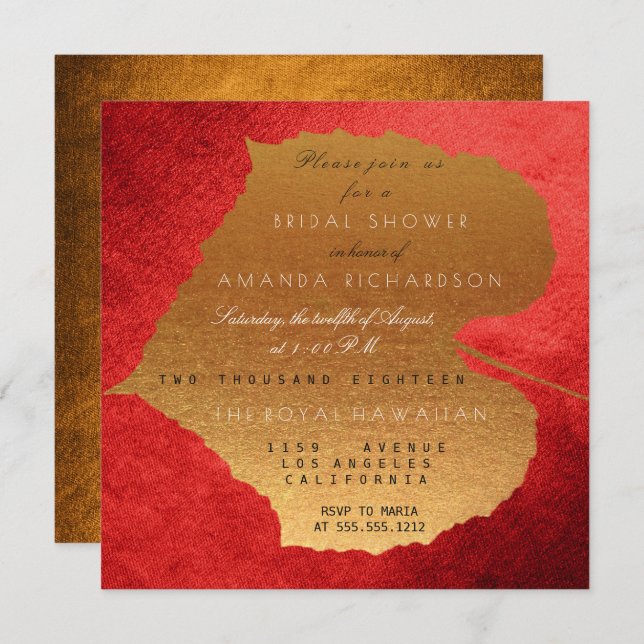 Glam Herbst Herbst Rotes Goldenes Blätter Brautpar Einladung (Vorne/Hinten)