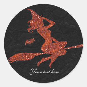 Glam Hexe fliegt auf Besen Halloween Party Favor Runder Aufkleber