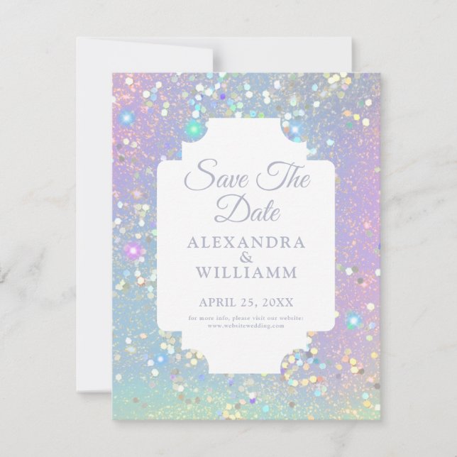Glam Holographic Glitzer Moderner Save the Date (Vorderseite)