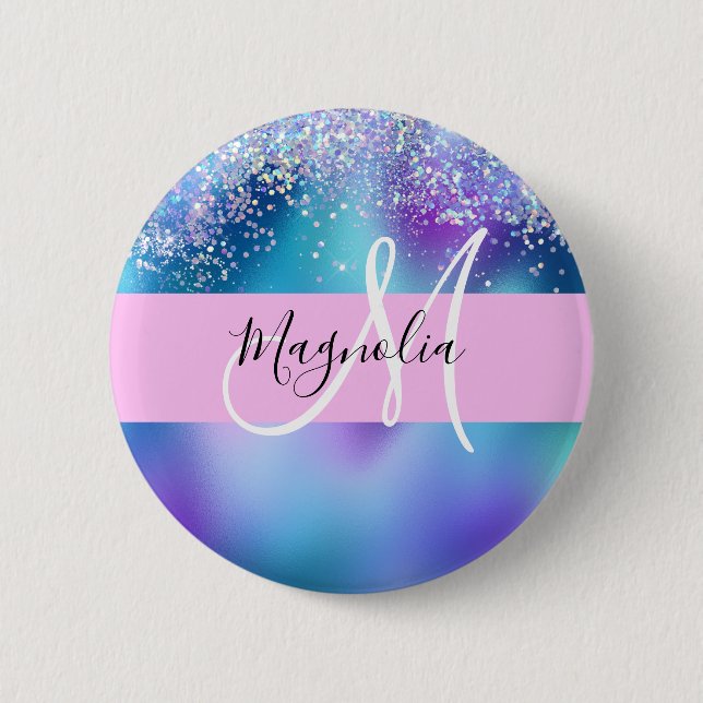 Glam Holographic Mermaid Glitzer Sparkle Monogram Button (Vorderseite)