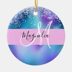 Glam Holographic Mermaid Glitzer Sparkle Monogram Keramik Ornament