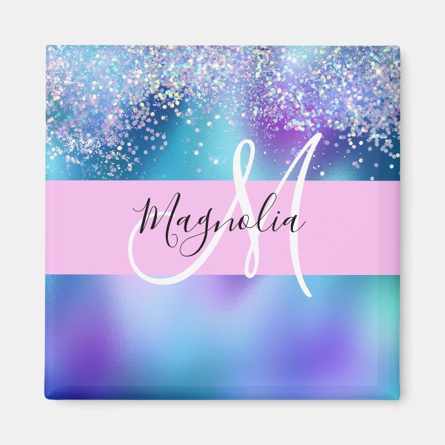 Glam Holographic Mermaid Glitzer Sparkle Monogram Magnet (Vorne)