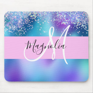 Glam Holographic Mermaid Glitzer Sparkle Monogram Mousepad