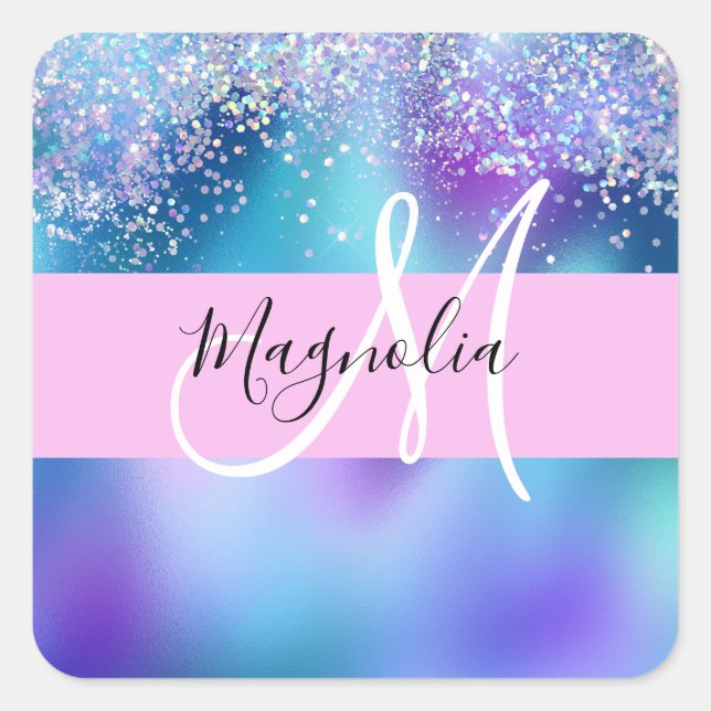 Glam Holographic Mermaid Glitzer Sparkle Monogram Quadratischer Aufkleber (Vorderseite)