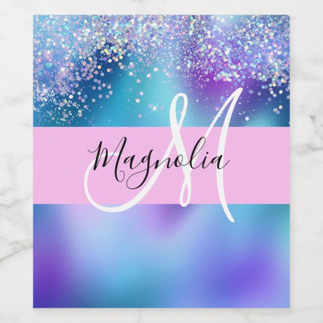 Glam Holographic Mermaid Glitzer Sparkle Monogram Weinetikett (Einzelnes Label)