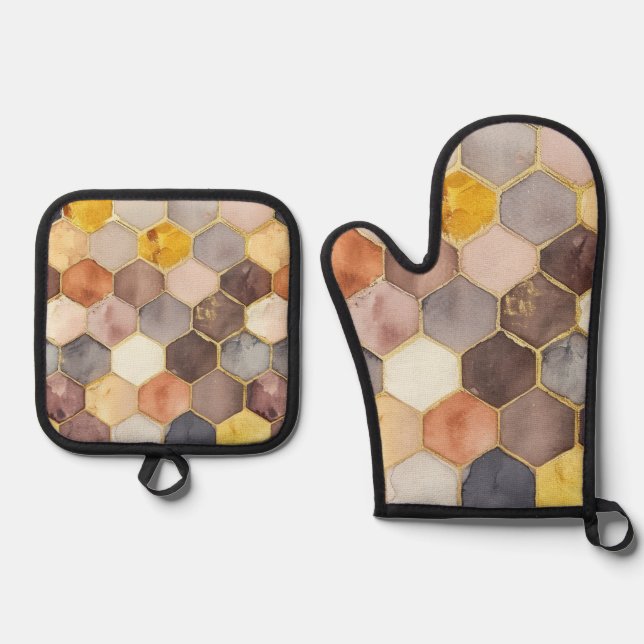 Glam Honey Comb Blush Champagne Abstrakt Ofenhandschuh & Topflappen-Set (Vorderseite)