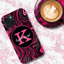Glam Hot Pink Black Marble Agate Glitzer Monogram Case-Mate iPhone Hülle