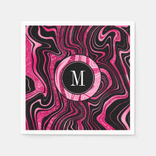 Glam Hot Pink Black Marble Agate Glitzer Monogram Serviette