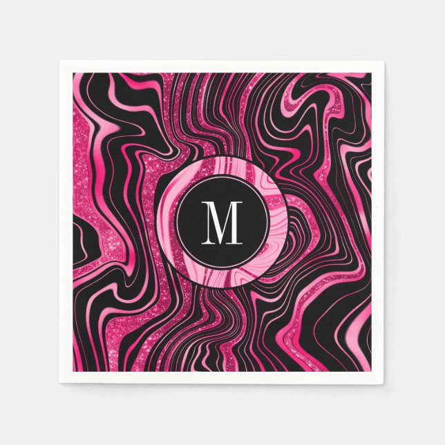 Glam Hot Pink Black Marble Agate Glitzer Monogram Serviette (Vorderseite)