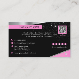 Glam Hot Pink Glitzer Diamond Hair Braider Salon Visitenkarte