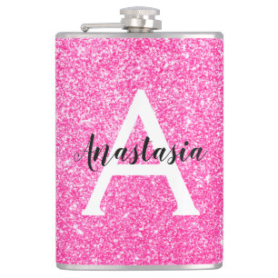 Glam Hot Pink Glitzer Glitzern Monogramm Name Flachmann