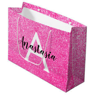 Glam Hot Pink Glitzer Glitzern Monogramm Name Große Geschenktüte