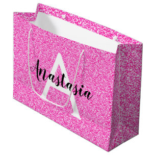 Glam Hot Pink Glitzer Glitzern Monogramm Name Große Geschenktüte