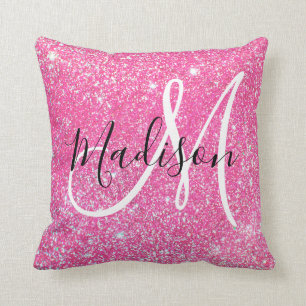 Glam Hot Pink Glitzer Glitzern Monogramm Name Kissen